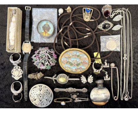 Good Mixed Bag of Collectables. Includes Oriental Small Jar with Silver Lid, Kilt Pin, Watches, Silver Brooches, Vintage Puzz