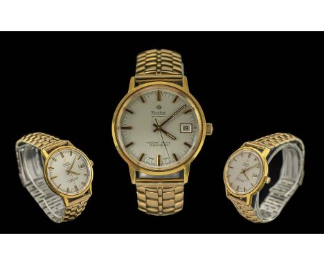 Zodiac Gents Pleasing Gold on Steel King line 36-000 Automatic Chronometer Wrist Watch. c.1970's. Features Gold Markers, Just