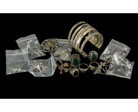 Mixed Bag Of 925 Silver Jewellery, Includes Bangles, Brooches, Rings, Earrings etc. Good Mixed Lot. 