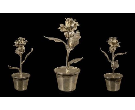 Lovely Vintage Oriental Silver Flower Pot & Rose, Of Realistic Form. Lovely Craftsmanship. Height Approx 4.5 Inches. Please S