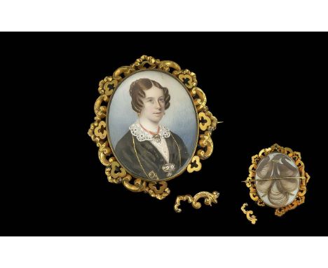 Early Victorian Large Ornate 12 ct Gold Mounted Portrait Miniature Mourning Brooch - Contains A Fine Portrait Of A Deceased V