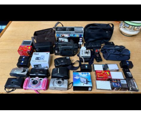 Two Boxes Of Cameras &amp; Camera Equipment - Including Sanyo video recorder, Envivo cassette converter, Sanyo adaptor, DC-69