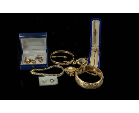Good Collection of Gold Plated Jewellery, Includes Pearl Boxed Hat Pin, Bangles, Bracelet, Pearl Earrings etc. 