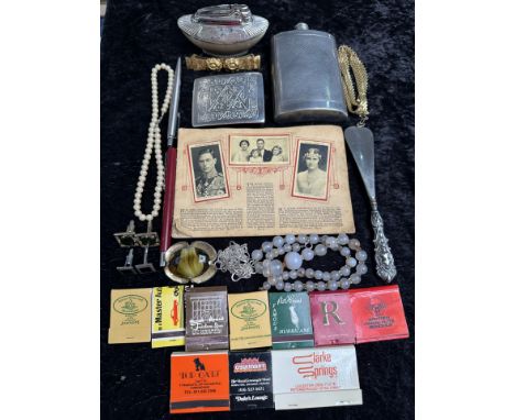 Good Mixed Bag of Collectables. Includes Whisky Flask, Matches, Pen, Ronson Table Lighter, Silver Shoe Horn, Cufflinks, Costu