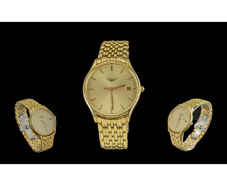 Longines Gents Gold on Steel Quartz Dress Watch. Features Classic Dial, Gold Markers, Integral Bracelet, Just-Date Display Wi