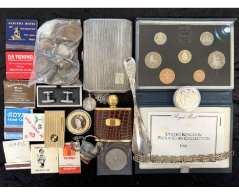 Mixed Bag of Collectables. Includes Coins, Royal Mint 1988 Proof Set, Matches, Lighter, Cigarette Case, Whiskey Decanter, Sil
