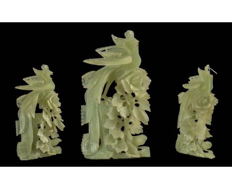 Chinese Jade Carved Statue Depicting a Bird Sitting on Top of a Flowering Branch. Very Decorative Throughout. Approx Height 9