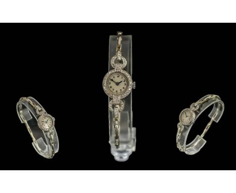 Art Deco 1930's Ladies Platinum and Gold Mechanical Cocktail Watch, Diamonds Set to Bezel and Lugs, Ring. All Well Matched, G