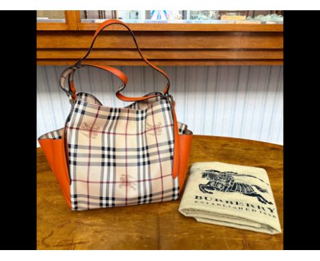 Burberry Ladies Handbag. Rare Canterbury Panels tote Haymarket coated canvas and leather handbag in house check with orange h