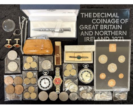 Bag of Collectables. Includes Lighters, Coins, Watches, Pocket Watches, 1971 Proof Coin Set, Boxed Pen, Cufflinks, Ronson Tab