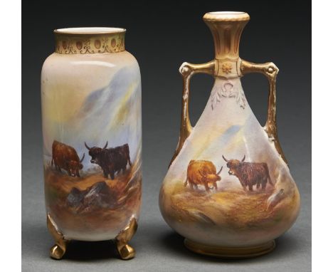 Two S Fielding &amp; Co Crown Devon vases, c1920, after contemporary Royal Worcester originals, painted by G Cox, one signed,