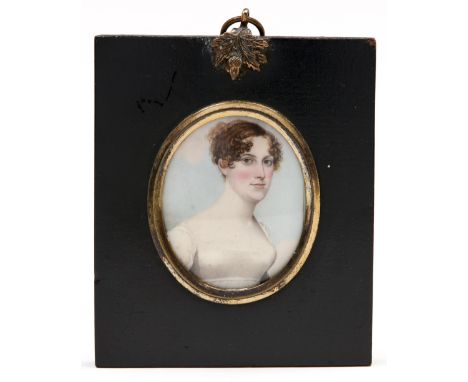 English School, early 19th century - Portrait miniature of a Young Lady, with curly light brown hair in white Empire style dr