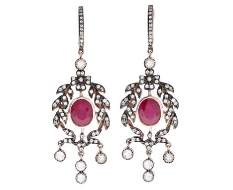 A pair of synthetic ruby and paste chandelier earrings,&nbsp; mounted in silver and gold, 68mm overall, 16.2g  Good condition