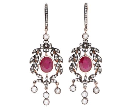 A pair of synthetic ruby and paste chandelier earrings,&nbsp; mounted in silver and gold, 68mm overall, 16.2g  Good condition