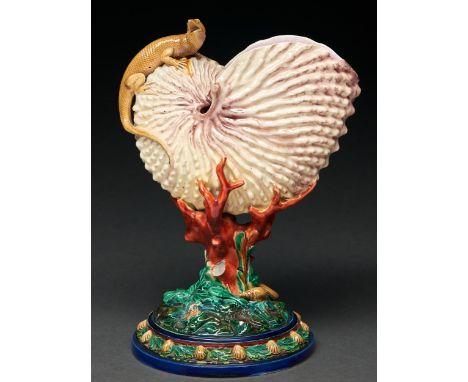 A Royal Worcester majolica shell-on-coral vase, c1870, 24cm h, impressed mark  Rim of shell and one of the shorter branches o