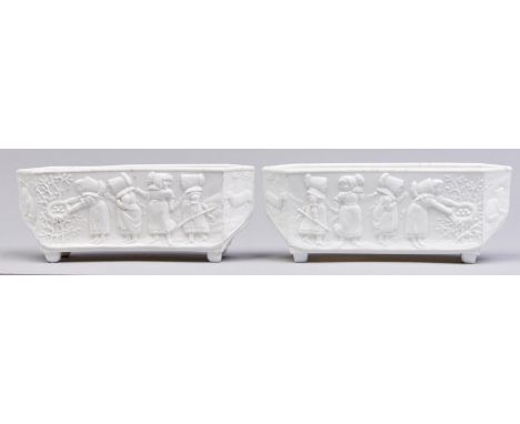 A pair of Sowerby pressed&nbsp; glass Blanc de Lait flower troughs, c1880,&nbsp; the sides moulded with children from Walter 