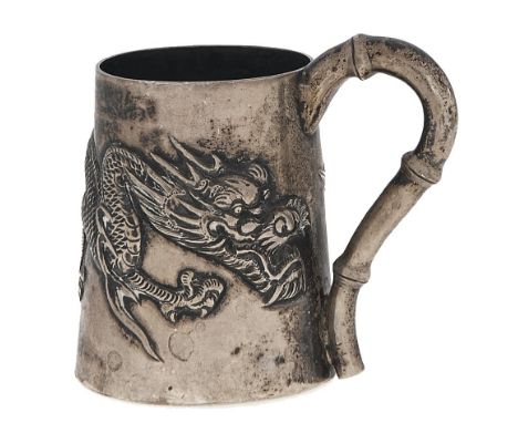 A Chinese miniature silver mug, c1900, of tapered form applied with repousse dragon, bamboo shaped handle, 68mm h, maker LH, 