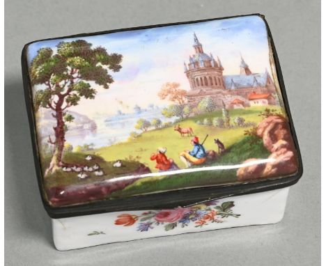 A Continental enamel bonbonniere, 19th c, the lid painted with shepherds in a pastoral landscape with distant buildings, the 