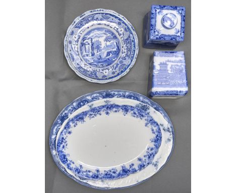 A C T Maling blue printed earthenware Willow pattern caddy and cover for Ringtons, c1920,&nbsp;another, lacking cover, four b