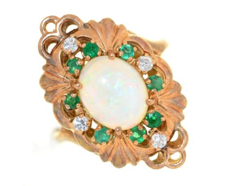 An opal, emerald and diamond cluster ring, &nbsp;in 14ct gold, &nbsp;Sheffield 1983, 6.9g, size N  