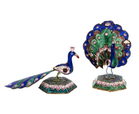 A pair of Indian silver coloured metal and enamel miniature models of peacocks, 20th c, on hexagonal base, peacock 90cm h, lo