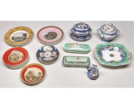 Fourteen F &amp; R Pratt dessert plates and a saucer, c1870, printed in colour with various subjects, four Booths 'Dr Wall' s