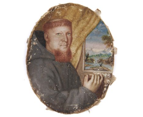French (?) School, 17th c - Portrait Miniature of a Monk, red beard and tonsure, a book in his right hand before yellow drape