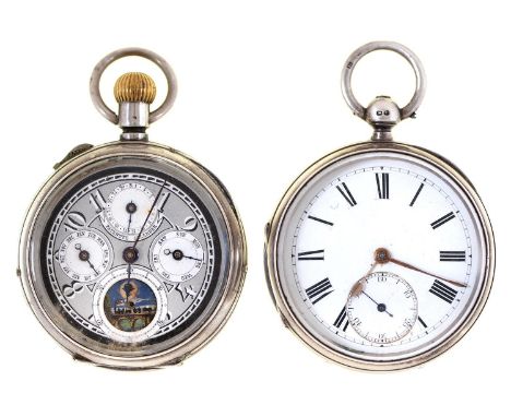 A Swiss silver keyless lever watch, c1900, the grey and white enamel dial with four subsidiary dials, engine turned, 52mm and