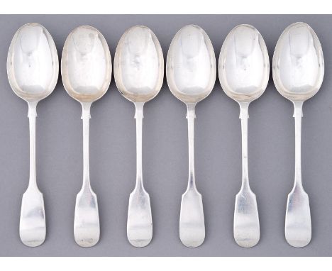 A set of six George V silver dessert spoons, Fiddle pattern, by Brewis &amp; Co, London 1913, 9ozs 11dwts  Light wear consist