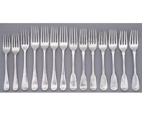 Fourteen silver dessert forks, George III- George V, Hanoverian, Old English and Fiddle patterns, variously initialled or cre