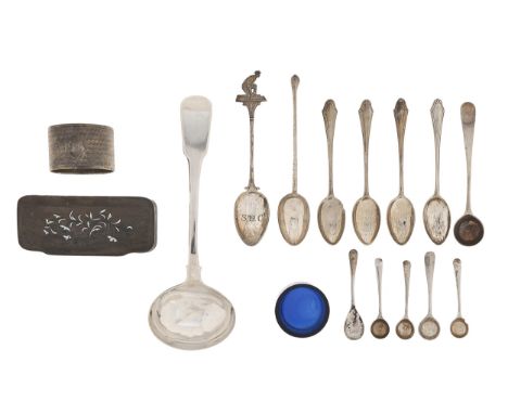 A William IV silver sauce ladle, Fiddle pattern, by William Eley and William Fearn, London 1835, a silver napkin ring and mis