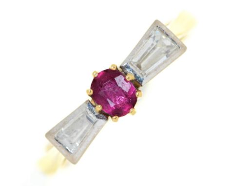 A ruby and diamond ring, the central ruby flanked by trapeze cut diamonds, in 18ct gold, 3.2g, size O  