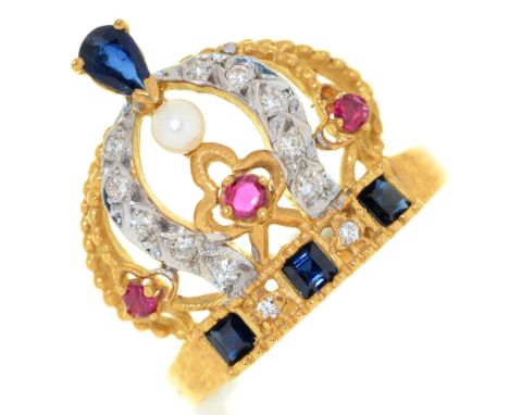 A ruby, sapphire, diamond and pearl crown ring, &nbsp;in 18ct gold, by The Franklin Mint, 6.3g, size M  