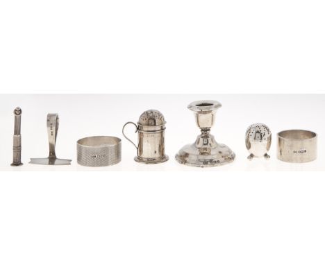 A Victorian silver kitchen pepper and cover, 53mm h, by Horace Woodward &amp; Co, London 1885 and other silver articles, comp