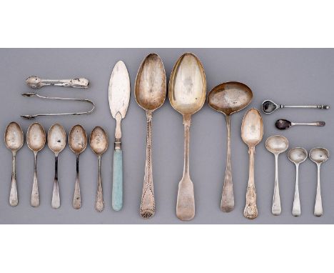 Miscellaneous silver flatware, George III and later, to include a bright cut tablespoon by George Burrows, London 1784, 11ozs