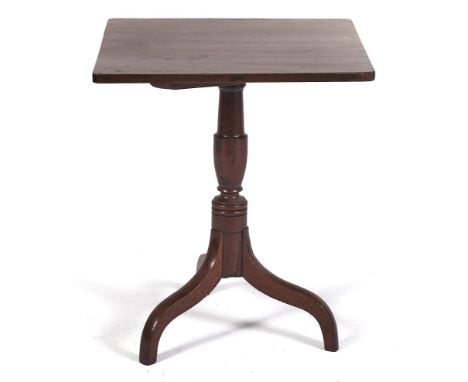 A Victorian mahogany and fruitwood tripod table, the oblong top on vase knop pillar and down curved legs, 73cm h; 57 x 62cm  