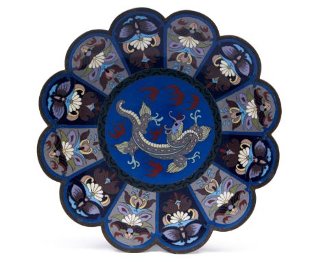 A Japanese cloisonne enamel dragon and butterfly dish, Meiji period, scalloped border, 25cm diam  Good condition