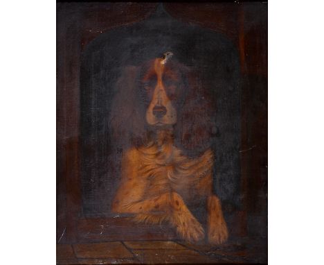 English Naive Artist, 19th c - A Spaniel in its Kennel, indistinctly signed, oil on canvas, 59 x 47.5cm  Canvas holed upper c