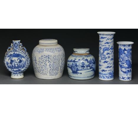 Two Chinese blue and white cylindrical vases, a moon flask and a ginger jar and cover, 19th c, painted with dragon, mounted w