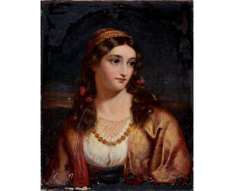 Victorian School - A Greek Bride, bust length, oil on canvas, 48.5 x 38cm, unframed  Unlined, loss of medium / flaking, two p