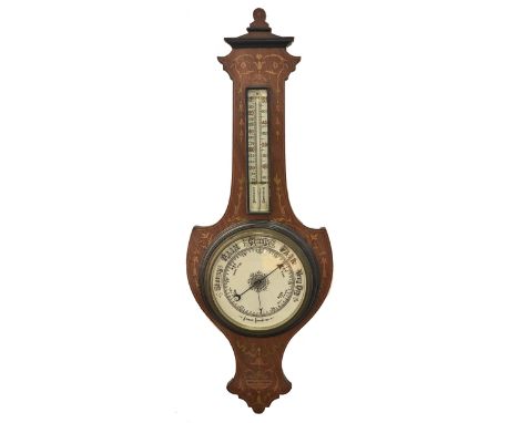 An Edwardian rosewood, sycamore and harewood inlaid aneroid barometer, of shield shape with mercury thermometer, 85cm h  Good