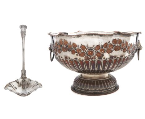 An EPNS punch bowl, 20th c, with lion mask handles, 33cm diam and a ladle, King's pattern (2)  Plating on bowl worn showing c