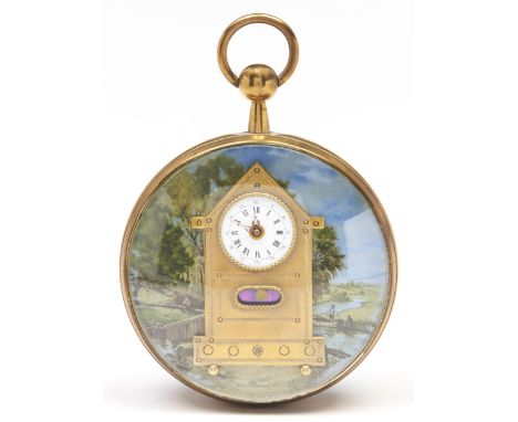 A Longines brass and enamel watch form hanging timepiece, late 20th c, the movement with enamel dial and filigree hands, set 