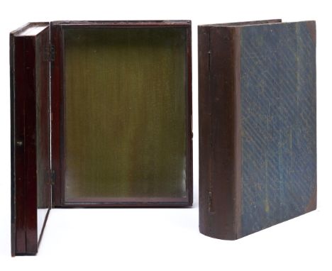 A pair of Victorian stained mahogany book form folding display cases, with marbled paper covered wood boards and hinged cloth
