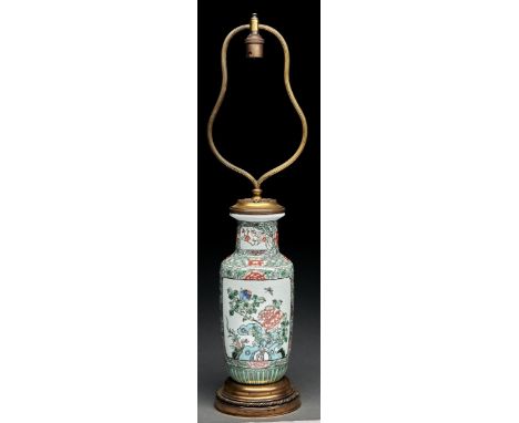 A Chinese famille verte rouleau vase, 19th/20th c, mounted as a lamp in brass, 55cm overall  Base of the vase necessarily dri