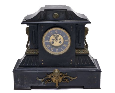 A French architectural brass mounted Belgian slate mantel clock, c1880, with black and gilt chapter ring and brocot escapemen