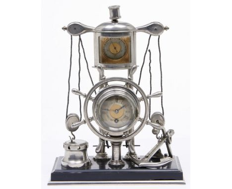 A French nickel plated brass nautical timepiece, late 19th c, with barometer, thermometer and compass, variously set in a shi