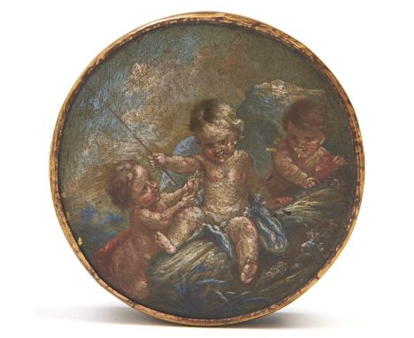 A tortoiseshell snuff box and cover, early 19th c, the cover painted with putti at play, 86mm diam  Dirty and worn