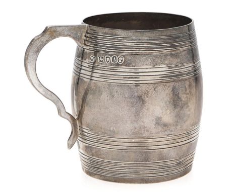 A Victorian barrel shaped silver christening mug, with reeded bands, 79mm, by Holland, Aldwinckle &amp; Slater, London 1876, 