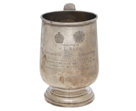 A George VI silver mug, on domed foot, engraved with a presentation inscription, 13.5cm h, by Walker &amp; Hall ltd, Sheffiel
